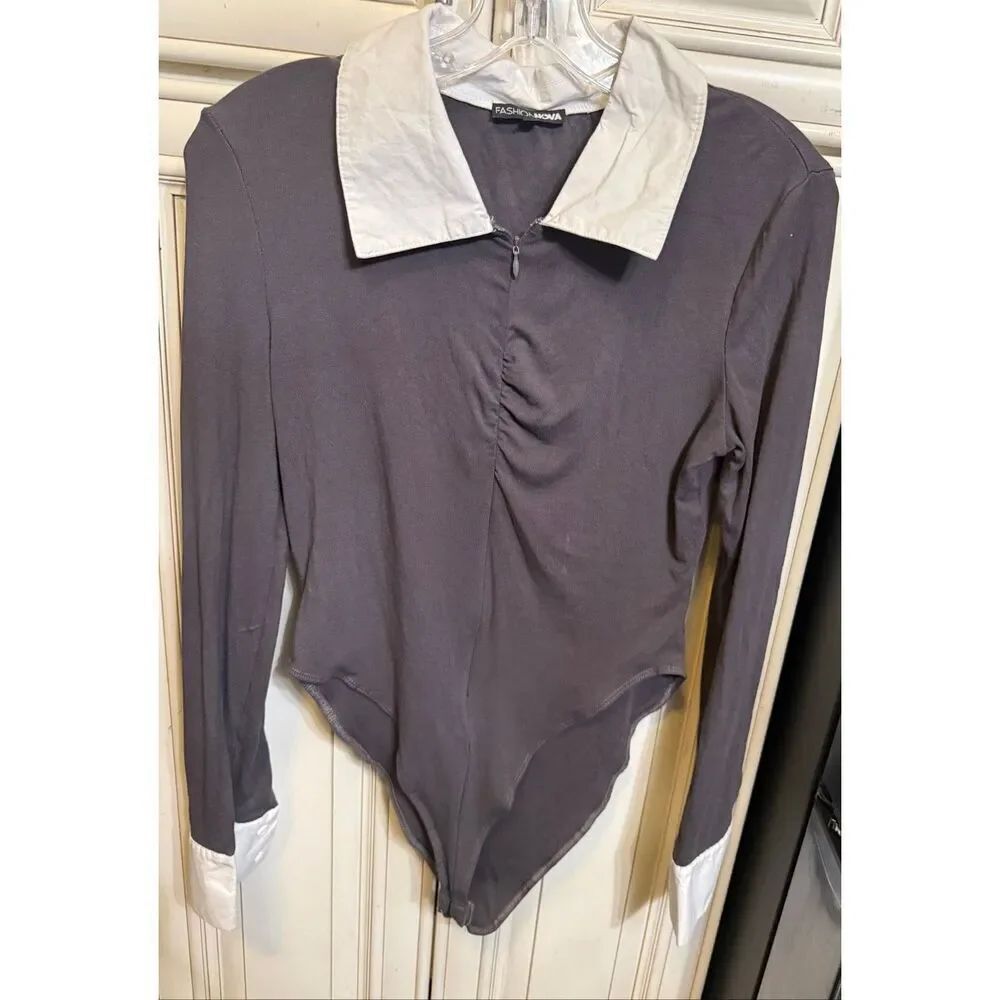 Fashion Nova Women's Ultimatum Long Sleeve Bodysuit Charcoal Gray White Large